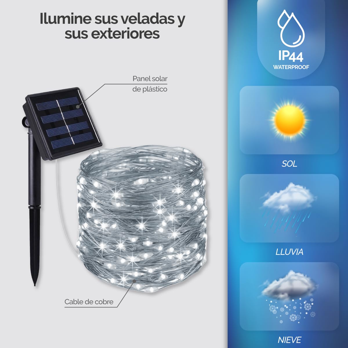 Linxor - Lote de 4 guirnaldas solares exteriores para jardín y terraza - Bombillas LED con 8 modos - 22 m - Blanco frío