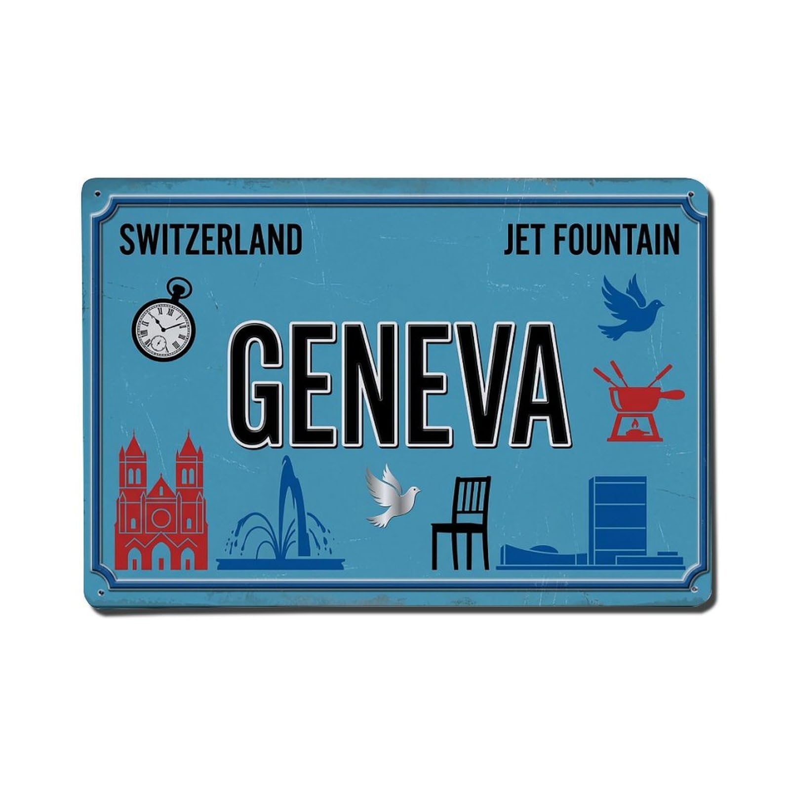 Vintage Travel Geneva Switzerland Jet Fountain Watch Metal Tin Sign Plaque Wall Decor for Cafe, Club Bar, Office, Garden Metal Poster 8x12Inch