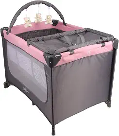 Berço Portátil Infantil Joly com Mosquiteiro, Barra de Brinquedos Trocador e Bolsa - Seguro, Confortável e Compacto INMETRO (Rosa)