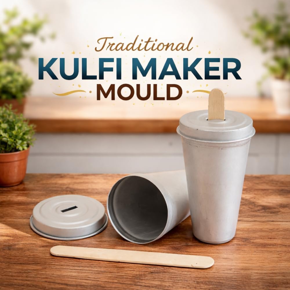 Aluminium Kulfi Cone Mould with Stick | 80ml Capacity | Reusable Traditional Popsicle, Kulfi & Ice Cream Maker DIY Kit for Home Freezer | 7 x 5 x 2.5 cm | Set of 6 Without Stand (Silver)