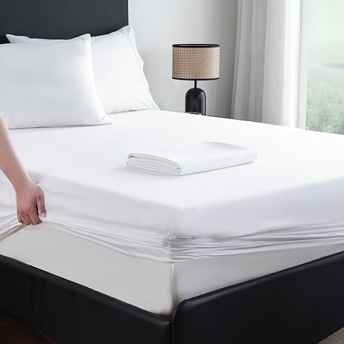 MEISHANG Extra Deep Pocket King Sheets Cotton - 1000 Thread Count Sheets - Fits 18"-24" in Deep Mattress,100% Egyptian Cotton,Sateen Weave, Soft & Breathable - 4 Piece (King, White)