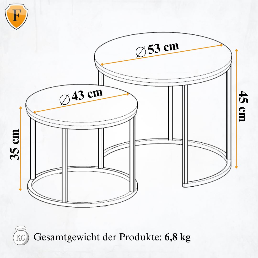 FORTENA 2er Set Couchtische, Schwarze oder goldene Metallbeine, Industrial-Stil, Raund (Eiche – Schwarze Tischbeine)