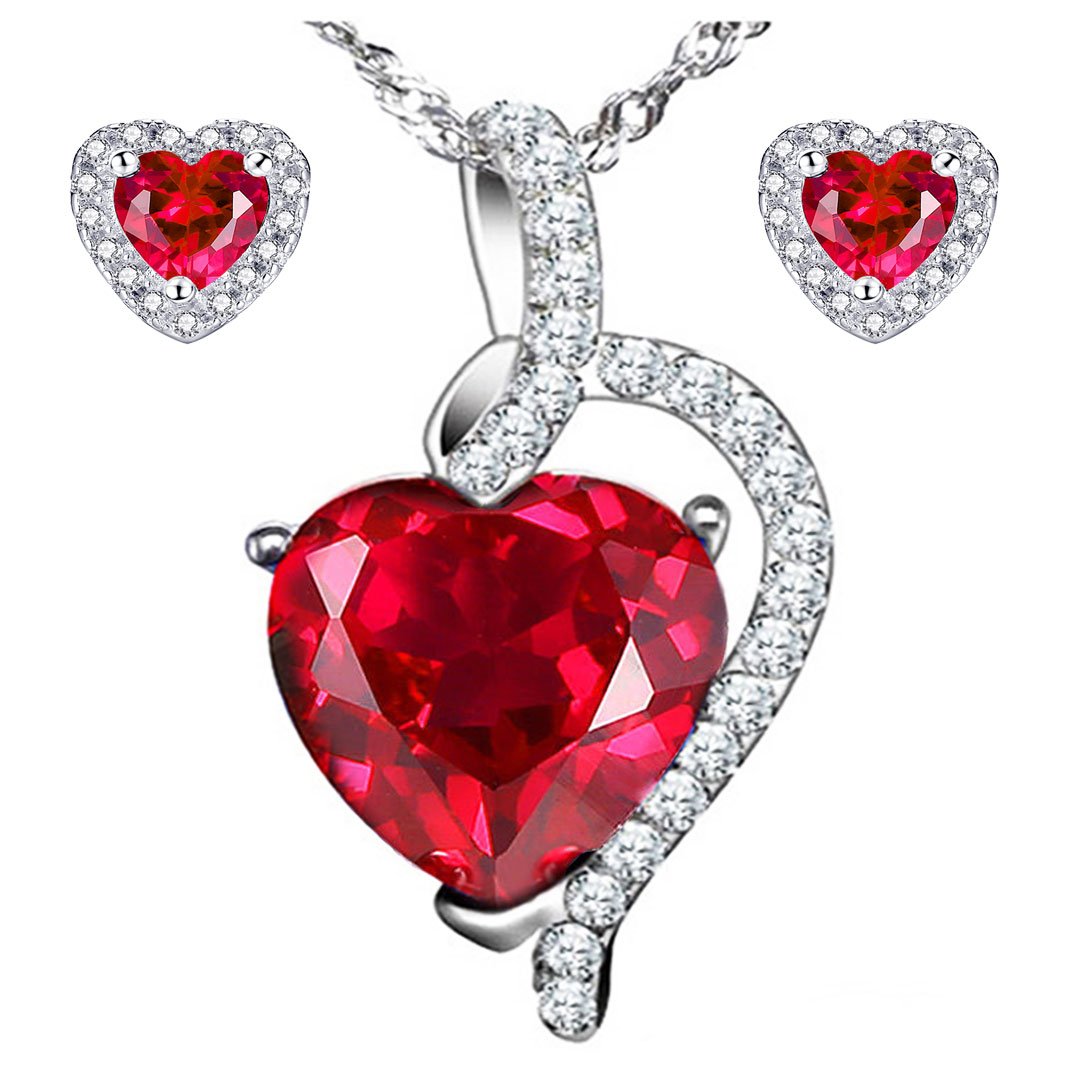 MABELLA Heart Simulated Red Ruby Pendant Necklace Stud Earrings Sterling Silver Jewelry Set Gifts for Women