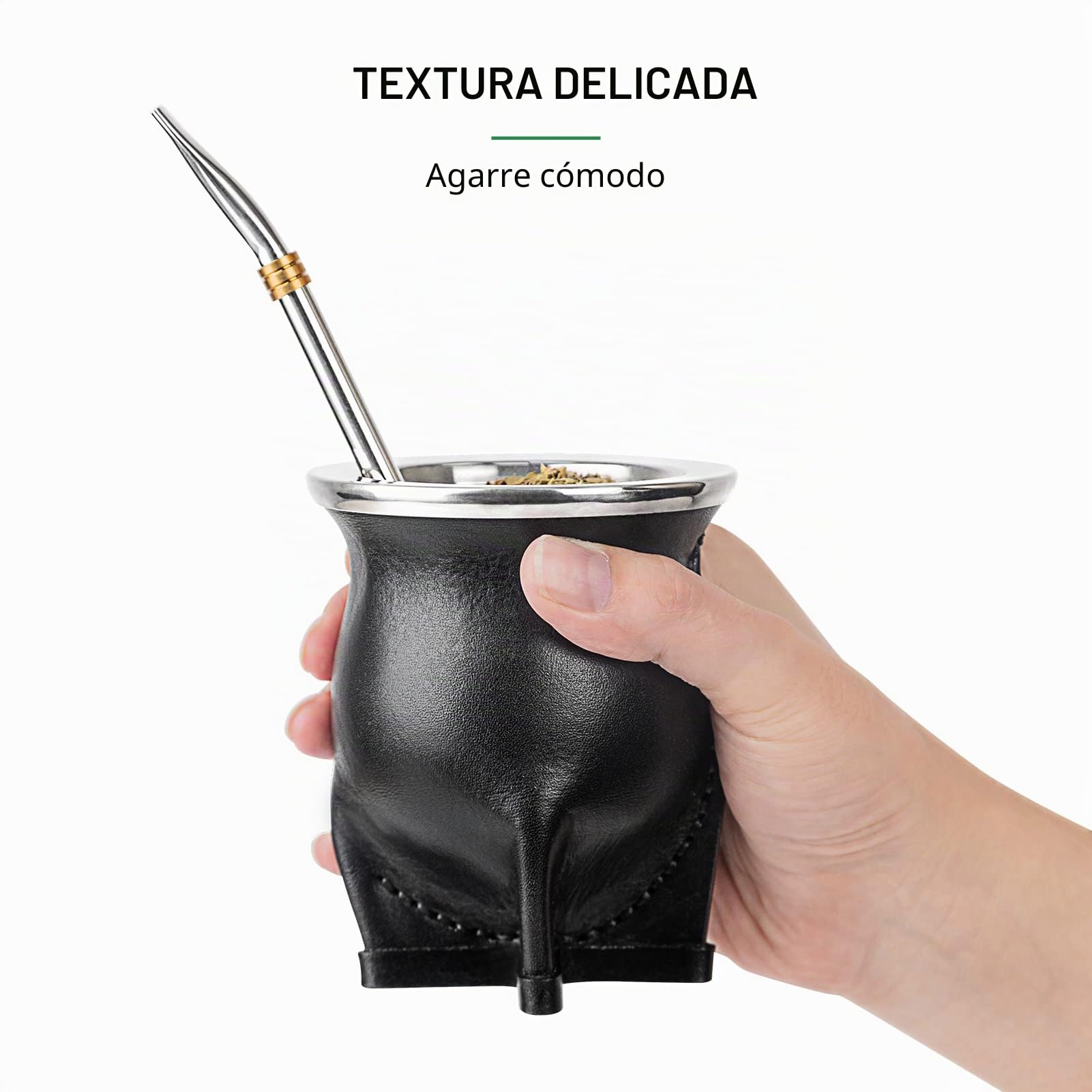 Cuopru Forro Cerámico Yerba Mate Taza Argentina Calabaza con Bombilla Mate Pajita, Cepillo de Limpieza (Negro)