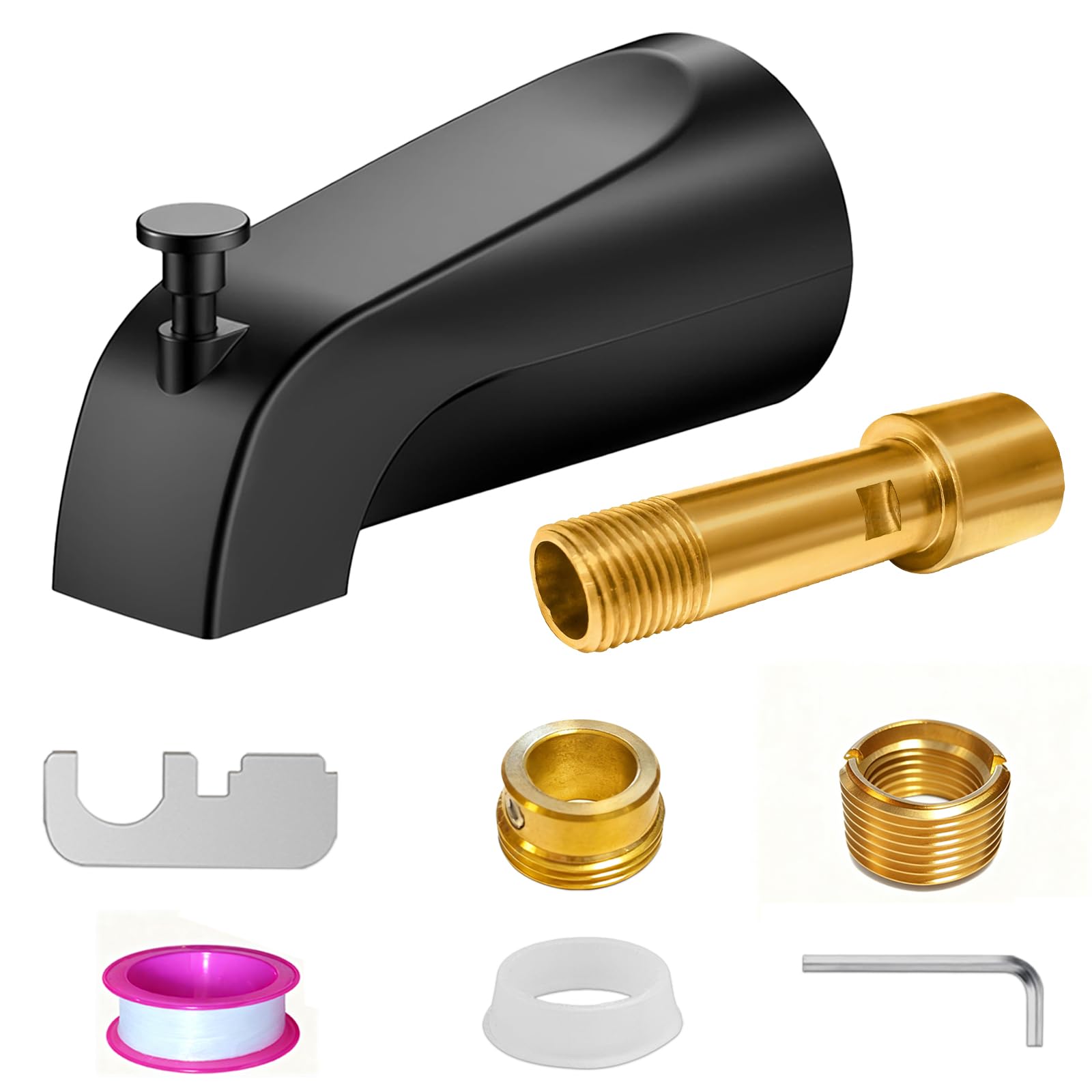 Matte Black Bathtub Spout with Diverter, All Metal, Brass, 5.3 Inch Tub Spout, Fits 1/2" Copper Slip-On and 1/2" or 3/4" IPS Threaded Pipes, Leak-Free