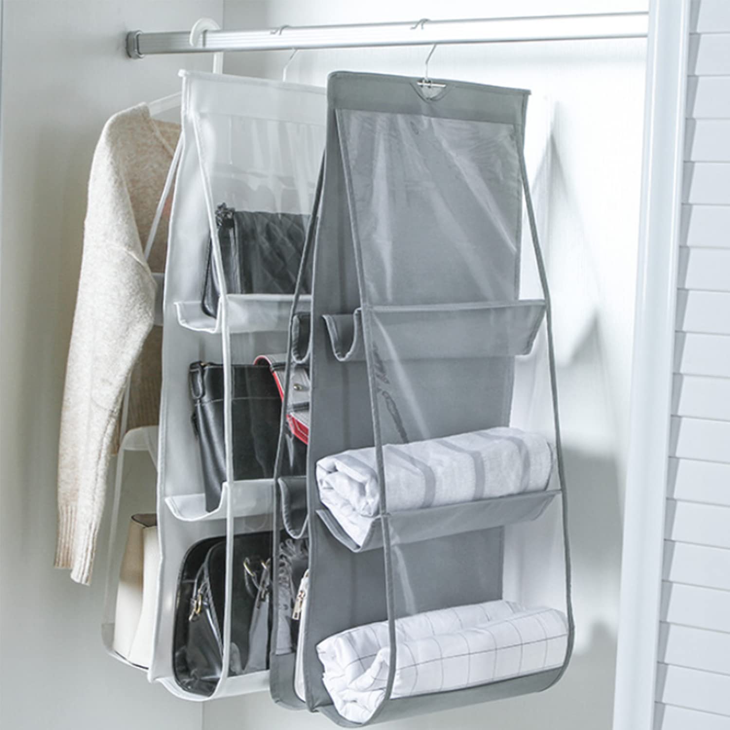 Borsa Organizzatore Armadio,3 Pezzi con 6 Tasche Grigio Non Tessuto Il Salvaspazio Pensile Porta Borse da Appendere Pieghevole per Camera da Letto