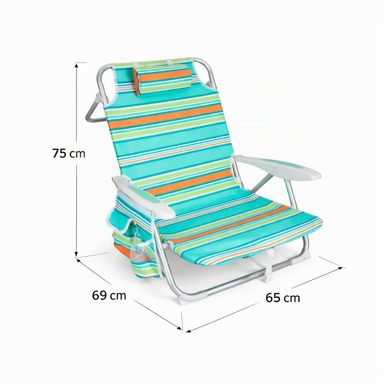 Acomoda Textil - Silla Plegable de Playa y Camping de Aluminio con Respaldo Reclinable. Silla Baja Compacta con Brazos Ergonómicos, Correa Transporte y Estructura Ligera de Exterior. (69X65X17/75 CM)