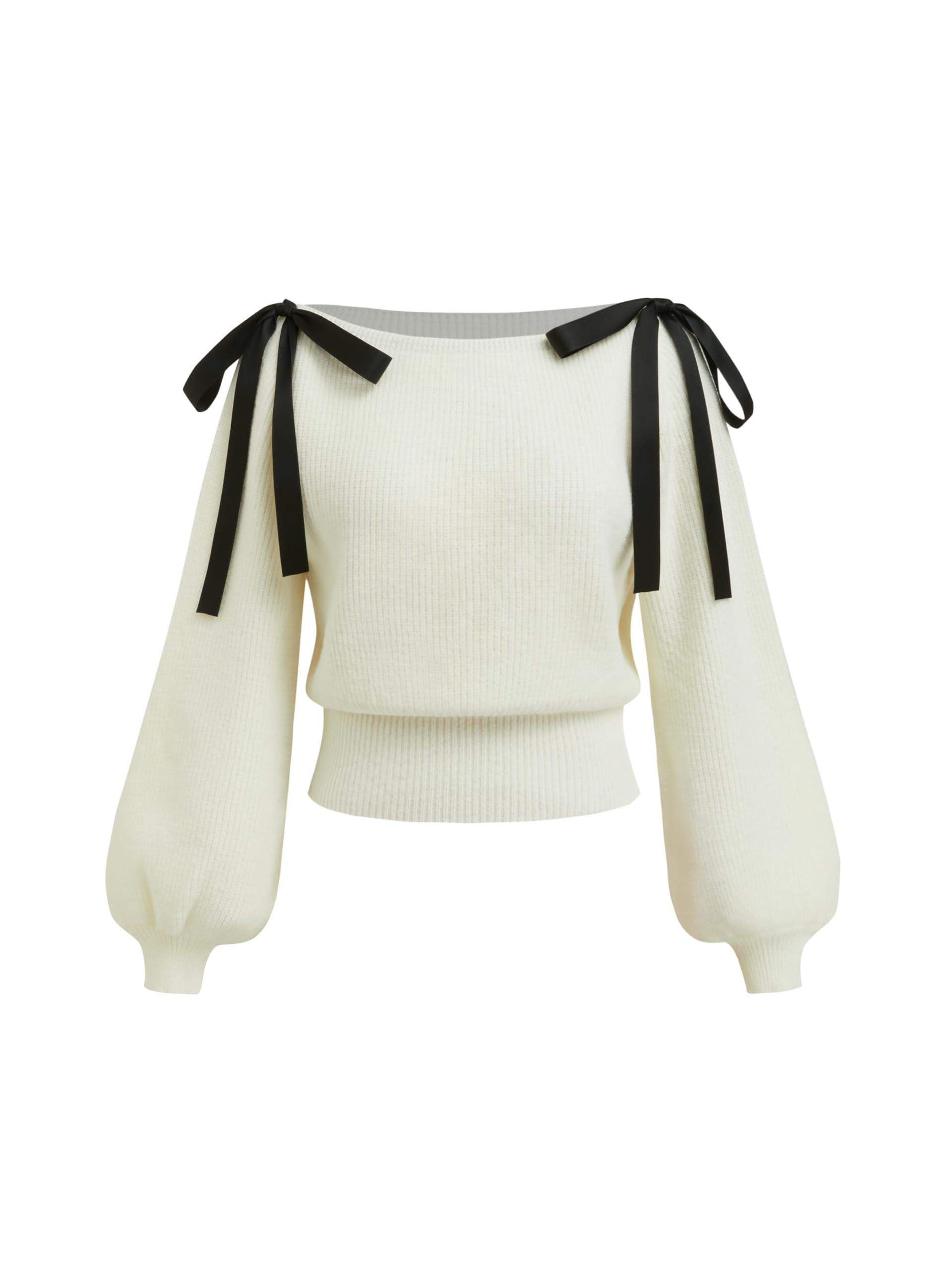 CIDER Womens Knit Ruched Sweater Bowknot Ribbon Shoulder Tie Long Sleeve Top