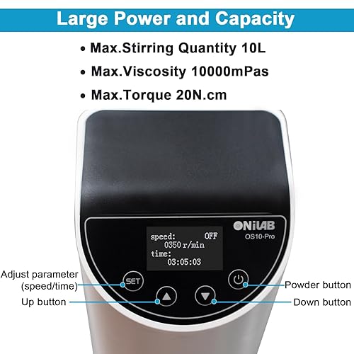 Miniatura 3 de ONiLAB Agitador de arriba analógico de laboratorio, agitador aéreo digital OLED, capacidad de 10 L, 200-2500 rpm, viscosidad máxima 10000 mpas,