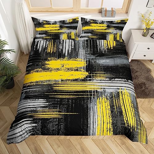 Yellow Black and Grey Duvet Cover Abstract Yellow and Black Comforter Cover Geometric Artistic Smear Bedding Set for Kids Boys Girls Abstract Graffiti Art Bedspread Cover Bedclothes Single