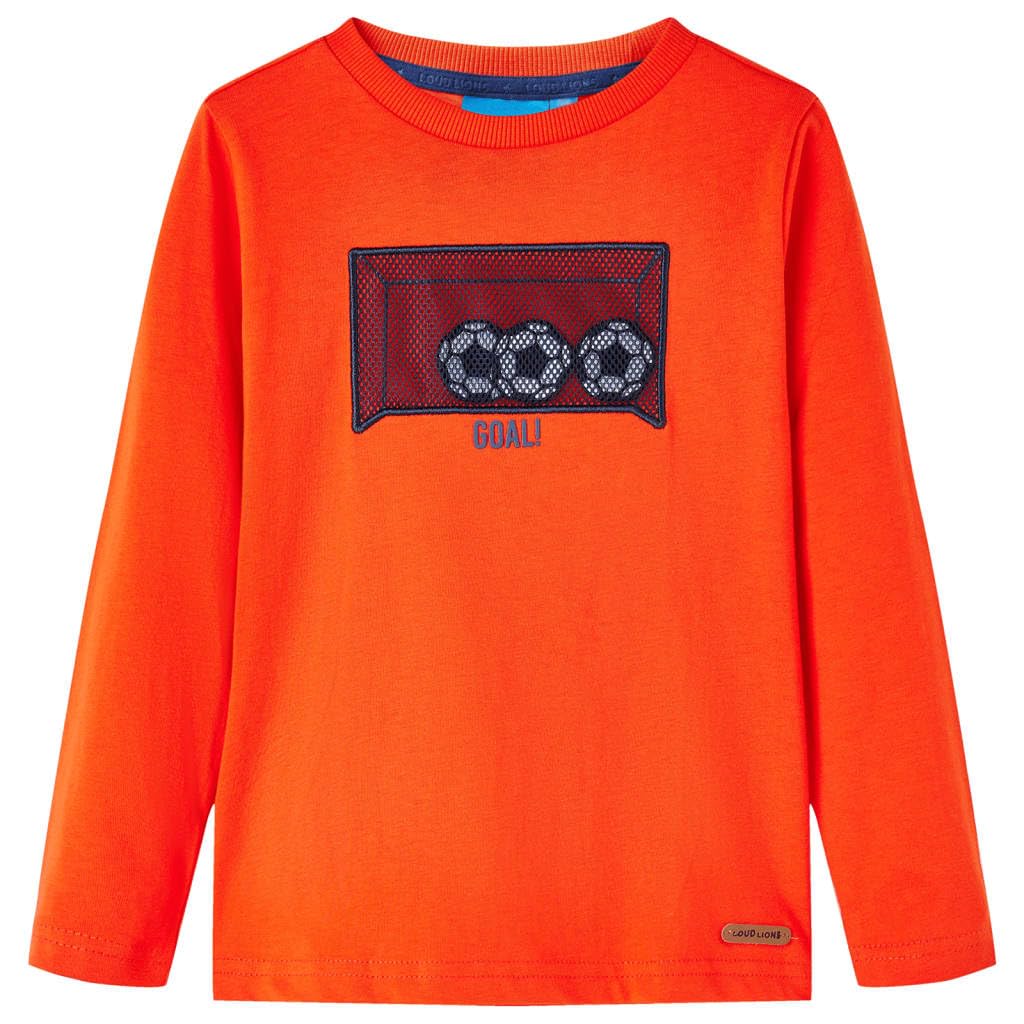 Maglietta a maniche lunghe per bambini arancione chiaro 104, 100% cotone, scollo rotondo, motivo porta da calcio, morbida maglietta per ragazzi e ragazze, traspirante, comoda per tutti i