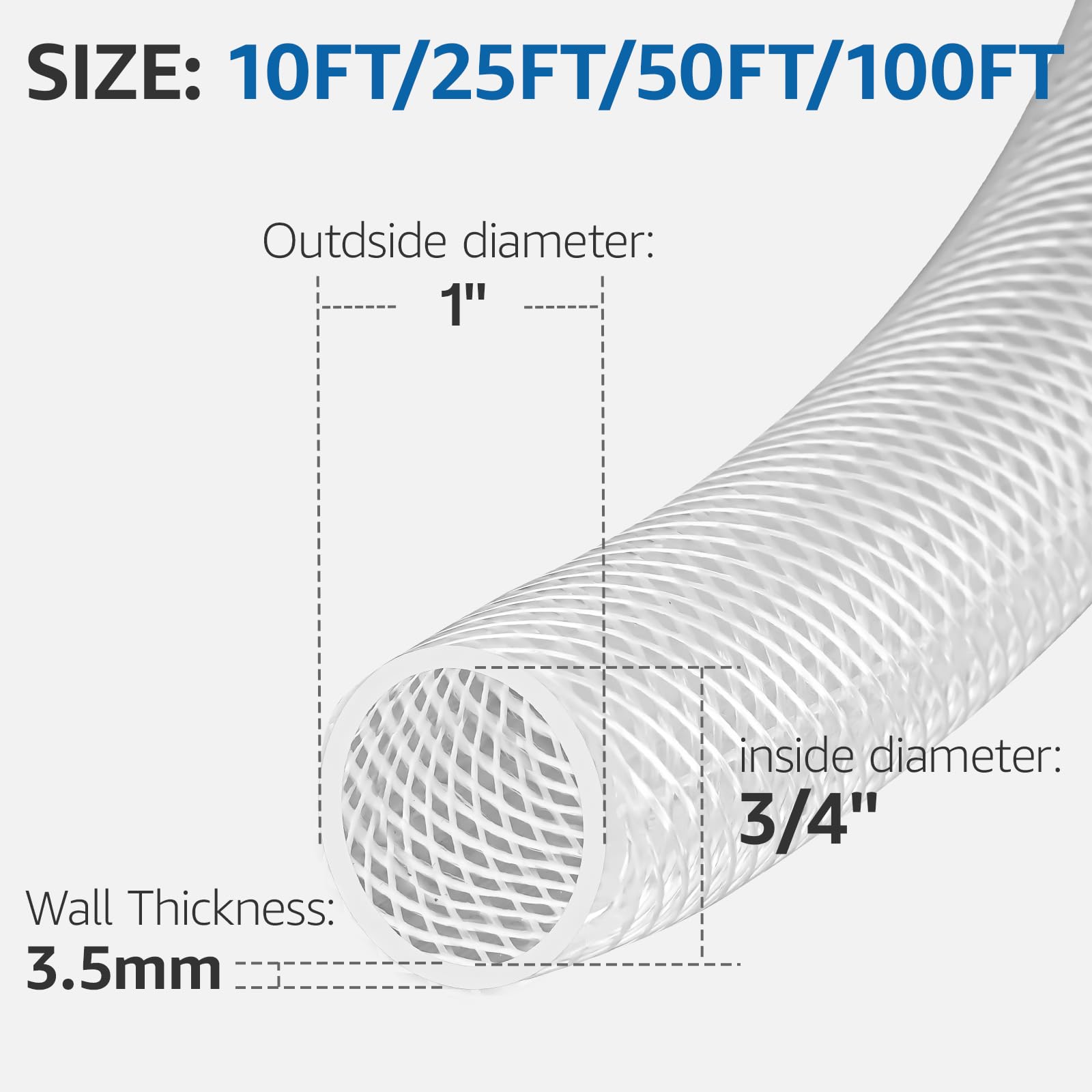 Tubo flessibile in PVC trasparente ad alta pressione da 1,9 cm x 6,5 m, resistente, intrecciato in plastica trasparente, tubo flessibile in vinile rinforzato, atossico, senza BPA