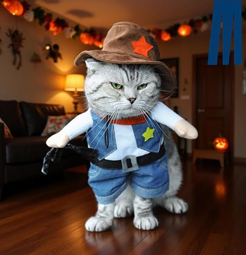 Miniatura 4 de Disfraz de vaquero para perros y gatos Mikayoo, con sombrero, divertido disfraz, ideal para halloween, navidad, fiestas, o eventos, s, Azul