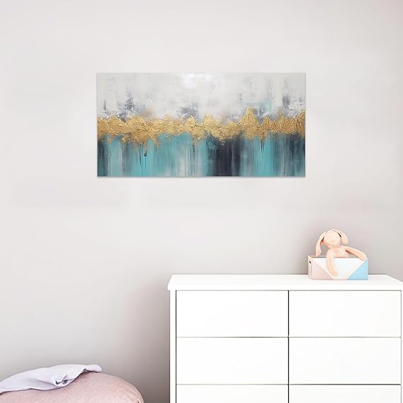 CCWACPP Large Abstract Wall Art Teal & Gold Painting Wall Decor Gold Heavy Texture Canvas Art Print Artwork Framed for Living Room (12.00 x 24.00)