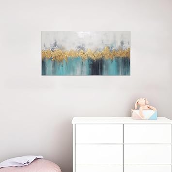 CCWACPP Large Abstract Wall Art Teal & Gold Painting Wall Decor Gold Heavy Texture Canvas Art Print Artwork Framed for Living Room (12.00 x 24.00)