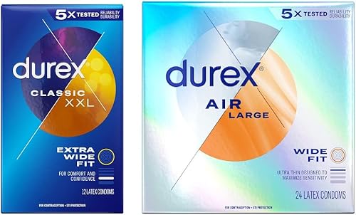 Durex Condones de aire extra finos, de ajuste ancho, aptos para FSA y HSA, 24 unidades + Durex XXL extra largos y extra anchos, condones de látex de