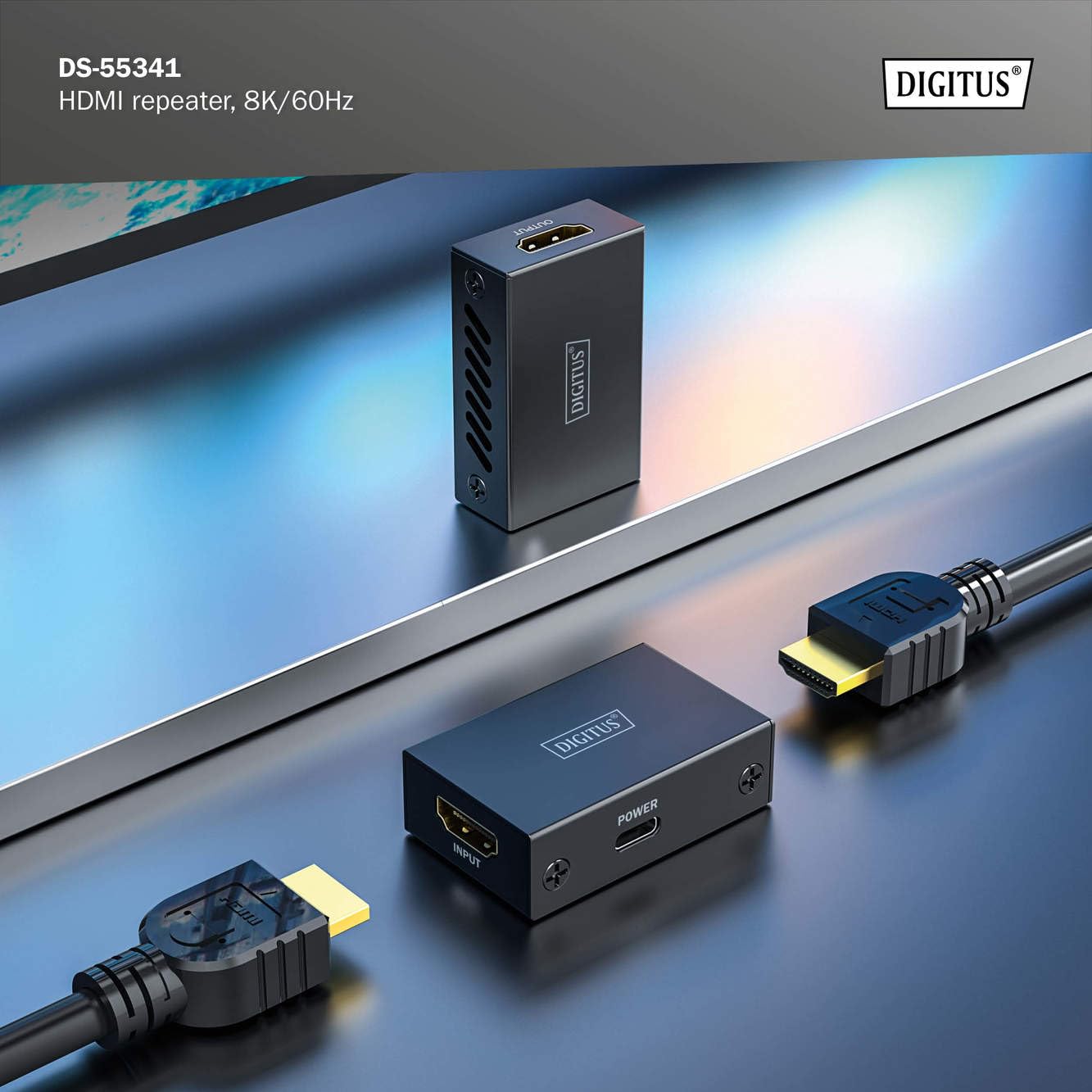 DIGITUS DS-55341 Repeater HDMI - UHD 8K/60 Hz (7680 × 4320p) maks. 10 m - UHD 4K/60 Hz maks. 13 m - Wzmacniacz sygnału, HDMI 2.1, HDCP 2.3, Deep Colour, DTS, Dolby Digital, LPCM - Zasilanie: USB-C