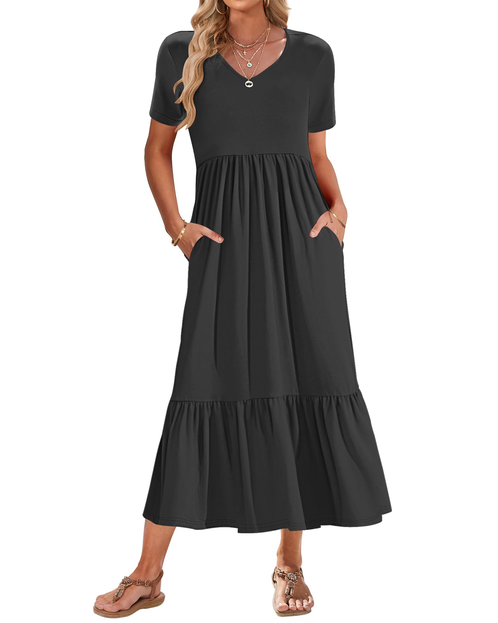 Summer Dresses Women 2025 Flowy Short Sleeve Maxi Dress V Neck Casual Tiered Sundress with Pockets