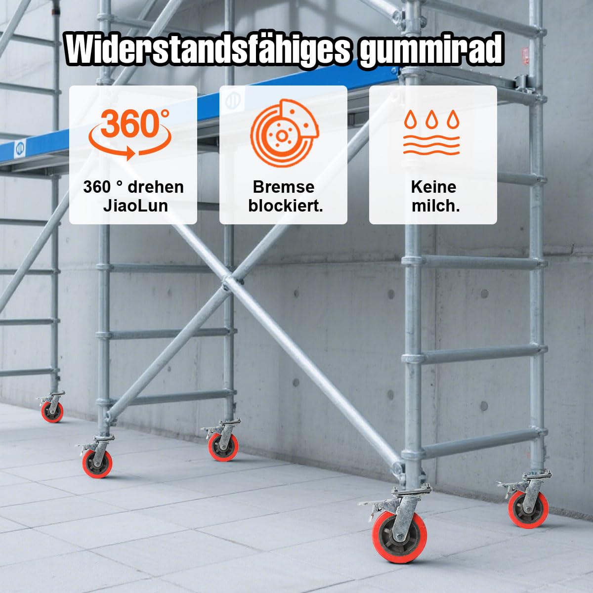 4 Stück Gerüstrollen Set 150mm Rollfüße Spindelrollen Lenkrollen Räder Gerüsträder mit Bremse für Arbeitsgerüste 500kg Tragkraft
