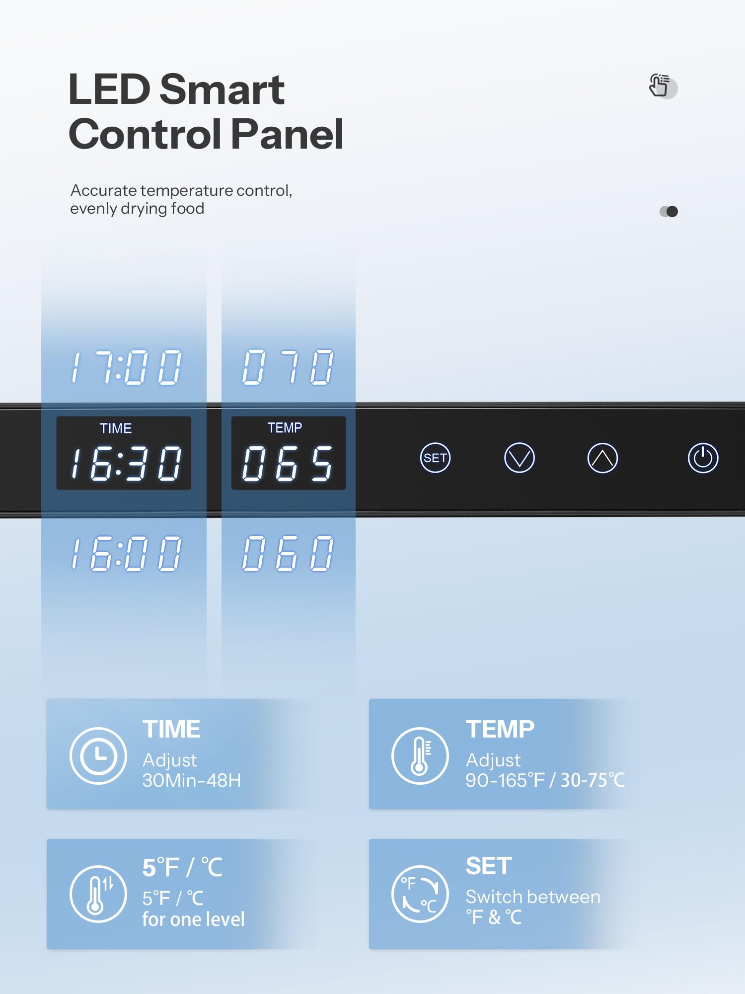 Déshydrateur alimentaire en acier inoxydable 1000W, contrôle digital, 9 plateaux, surface 0,8 m², température 30–75°C, minuterie 30 min–48h, écran LCD tactile