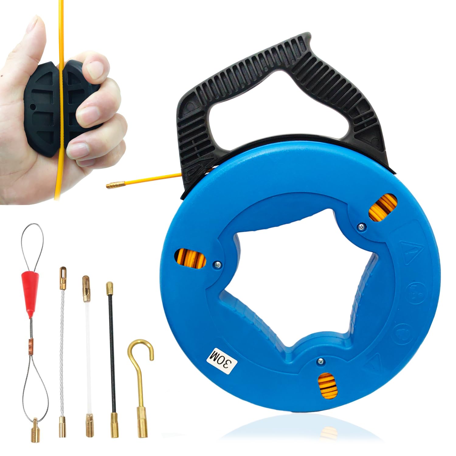 30m Visdraad Dradentrekker Door de Muur Fish Tape Kabel Running Trekstaven Elektrische Draad Kabel Trekker Trekken Gereedschap in Reel met Metalen Grijpdrad voor Communicatie Kabel Muur of Vloerkanaal