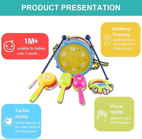 Miniatura 5 de Conjunto de 7 piezas de instrumentos para niños, Abs Colorido Niños Niños Instrumento Musical Juguete Tambor Campana Martillo de Arena Trompeta