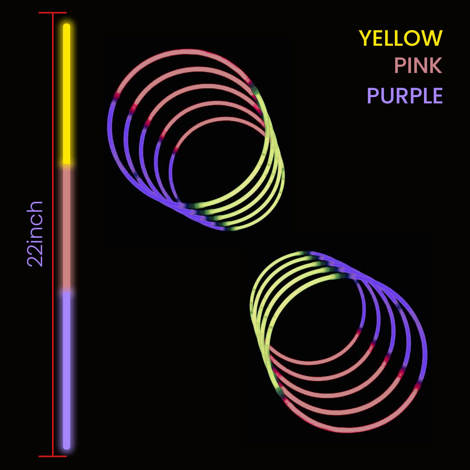 WedDecor 25pcs Glow Stick Necklaces 22”, Premium Neon Glow Necklace 6mm Thick, Tri-Colour or Single Colours, Pink, Yellow & Purple, Perfect for Kids and Adults