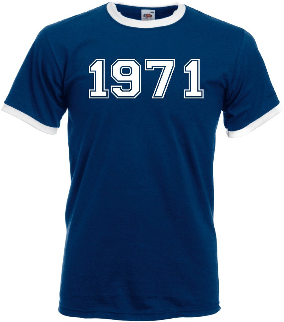 DCG PRINTWEAR Varsity 1971 College Unisex Ringer T-Shirt Birthday Gift Present Funny Novelty Top