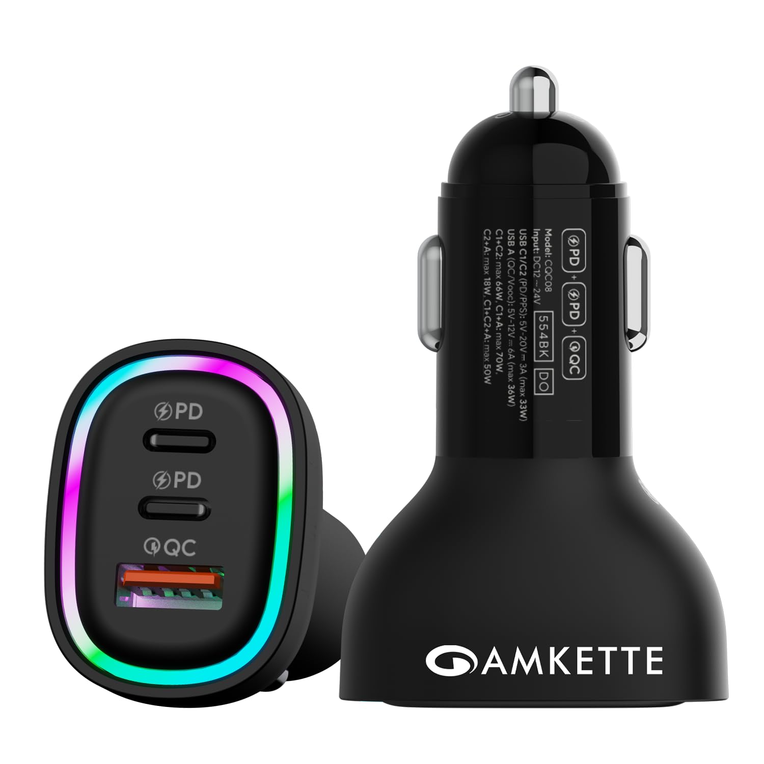 Amkette PowerPro 3Port 60W Car Charger Type C + USB-A | Supports Universal Fast Charging Protocols| Smartphone, Tablet & Laptop Compatibility | Compact, Lightweight, Safe & Durable
