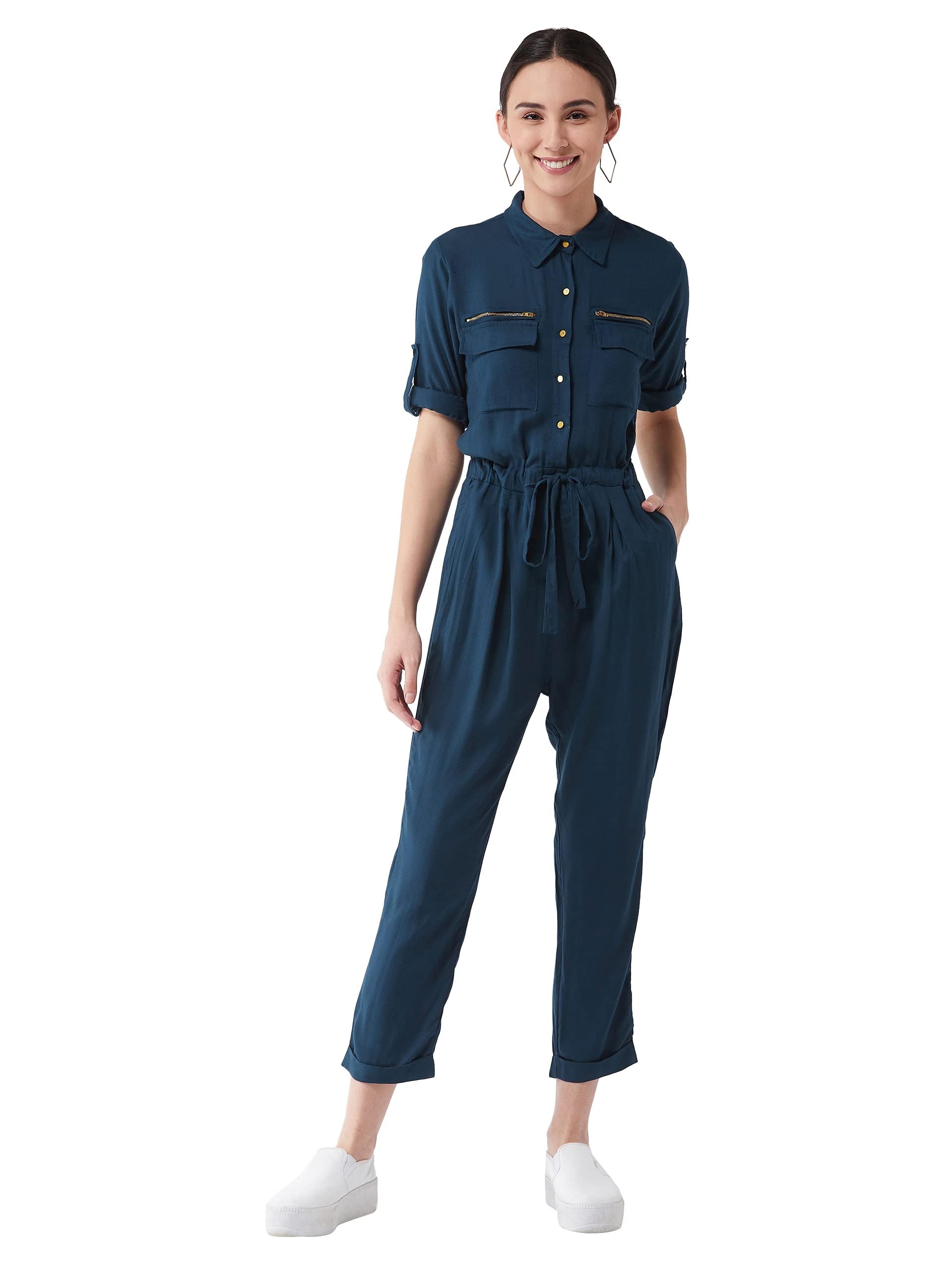 miss chase Women's Teal Blue Rolled up Sleeves Straight Leg Tie-Up Solid Belted Wrap Jumpsuit-picture-15