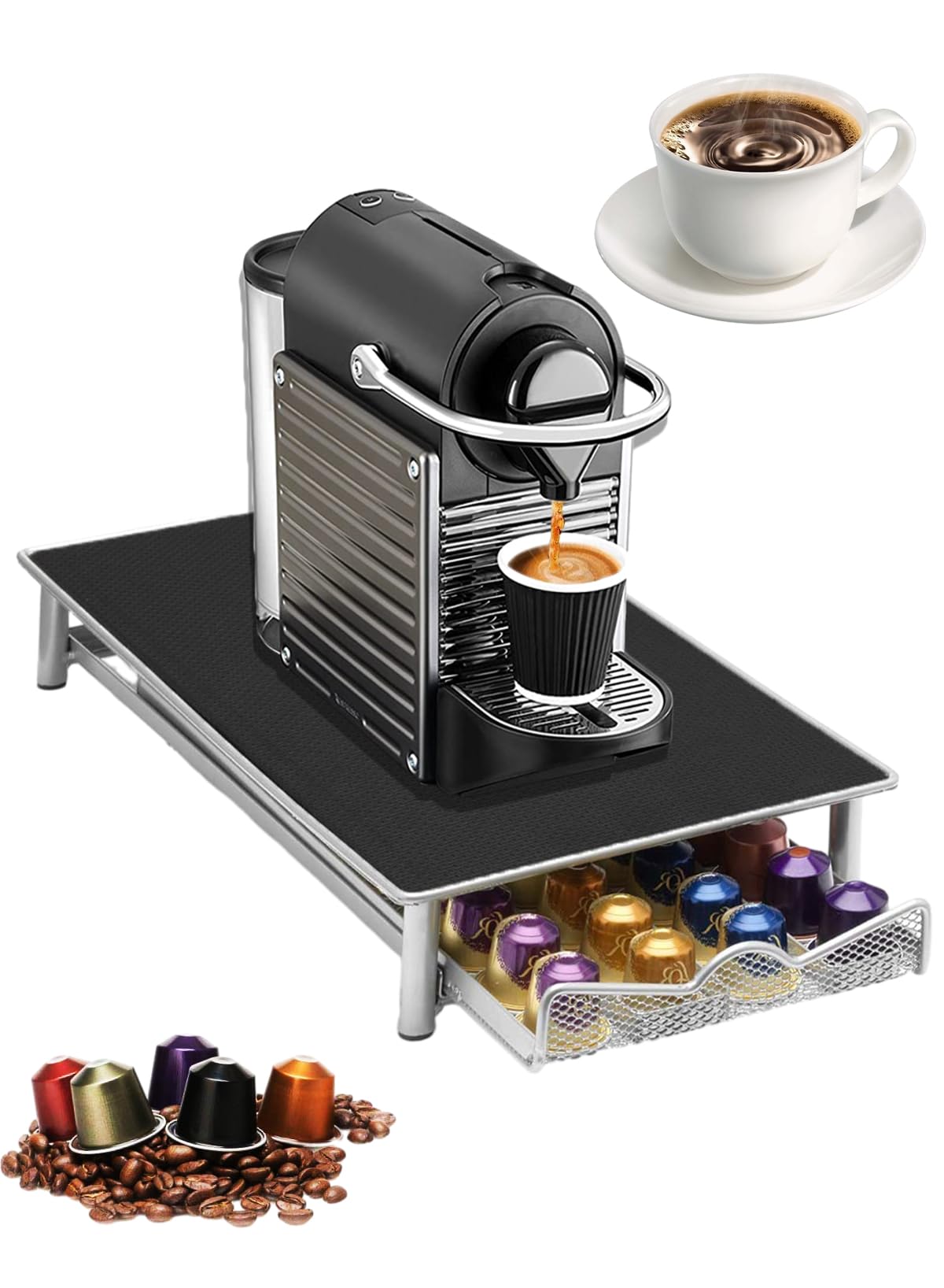 URbazaar Coffee Pod Drawer,Coffees Pod Holder and Space-Saving Coffee Machine Stand Anti Vibration Non Slip Surface Mesh Drawer Rack for 40 Pcs Nespresso Espresso Capsules.