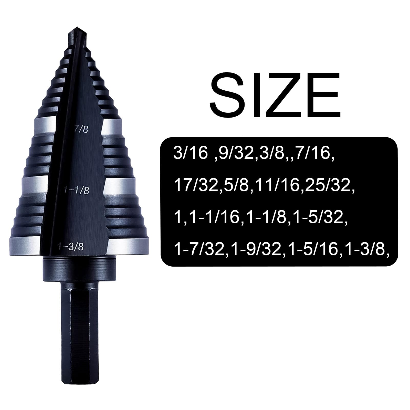 M2 1/4 to 1-3/8 Inch Step Drill Bit Straight Grooved Double Fluted, M2 High Speed Steel Drill bits for Hole Drilling in Stainless Steel, Copper, Aluminum, Wood, Plastic