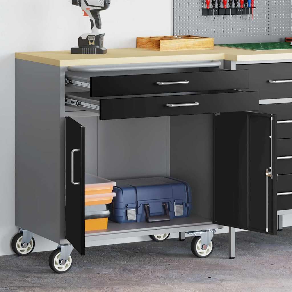 Banco de Taller con cajón Negro y Gris 75 x 45 x 85 cm, Banco de Trabajo Rectangular, Industrial, para Guardar Herramientas, organizar y con Muebles duraderos