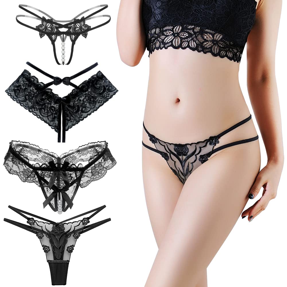 HOTSO Women 4 Pack Lace Thong Briefs Low Rise Underwear, Ladies Sexy Hollow Out See Through G-String, Ultra Thin Flower Embroidery Briefs with Bowknot Bikini Lingerie Panties for Women