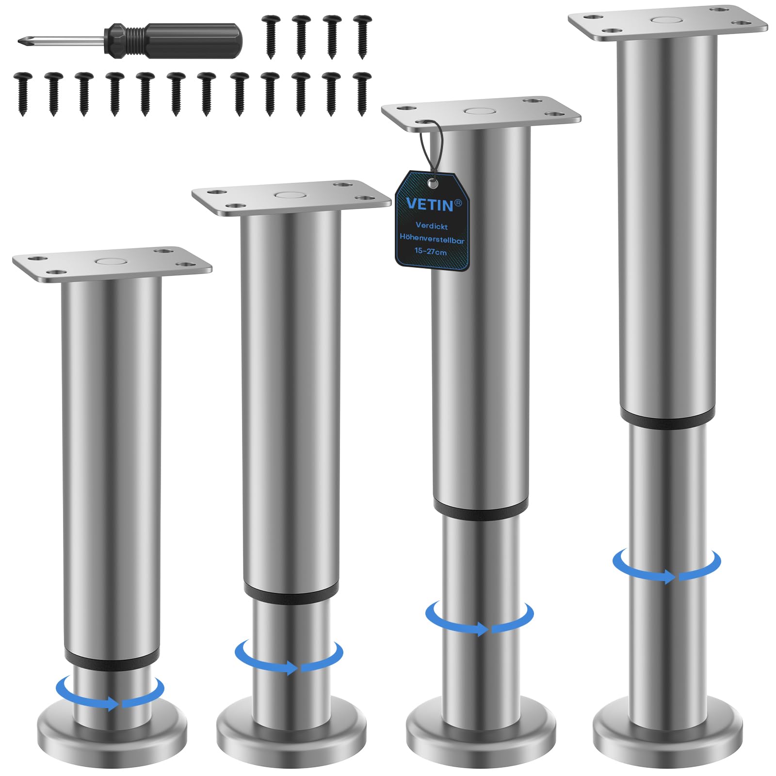 VETIN Set of 4 Adjustable Furniture Feet, Height Adjustable 15-27 cm, Metal Stainless Steel Furniture Legs, Furniture Legs for Cabinet, TV Cabinet, Bed, Sofa, Bedside, Chair, Bathroom Cabinet