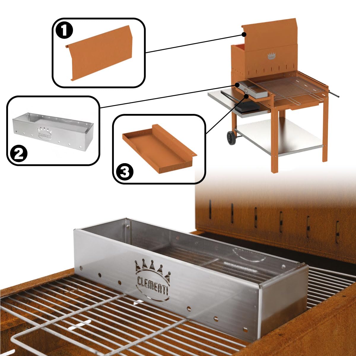 Barbecue à bois en acier Corten pour Serial Griller, Flipper avec grille en acier inoxydable, Super Flipper avec accessoires (Flipper complet avec accessoires)