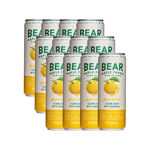 Bear Maple Farms Clean Soda, enfoque natural y claridad de ginseng, sin cafeína, 5-10 calorías por porción, endulzado naturalmente, lata de 12 onzas