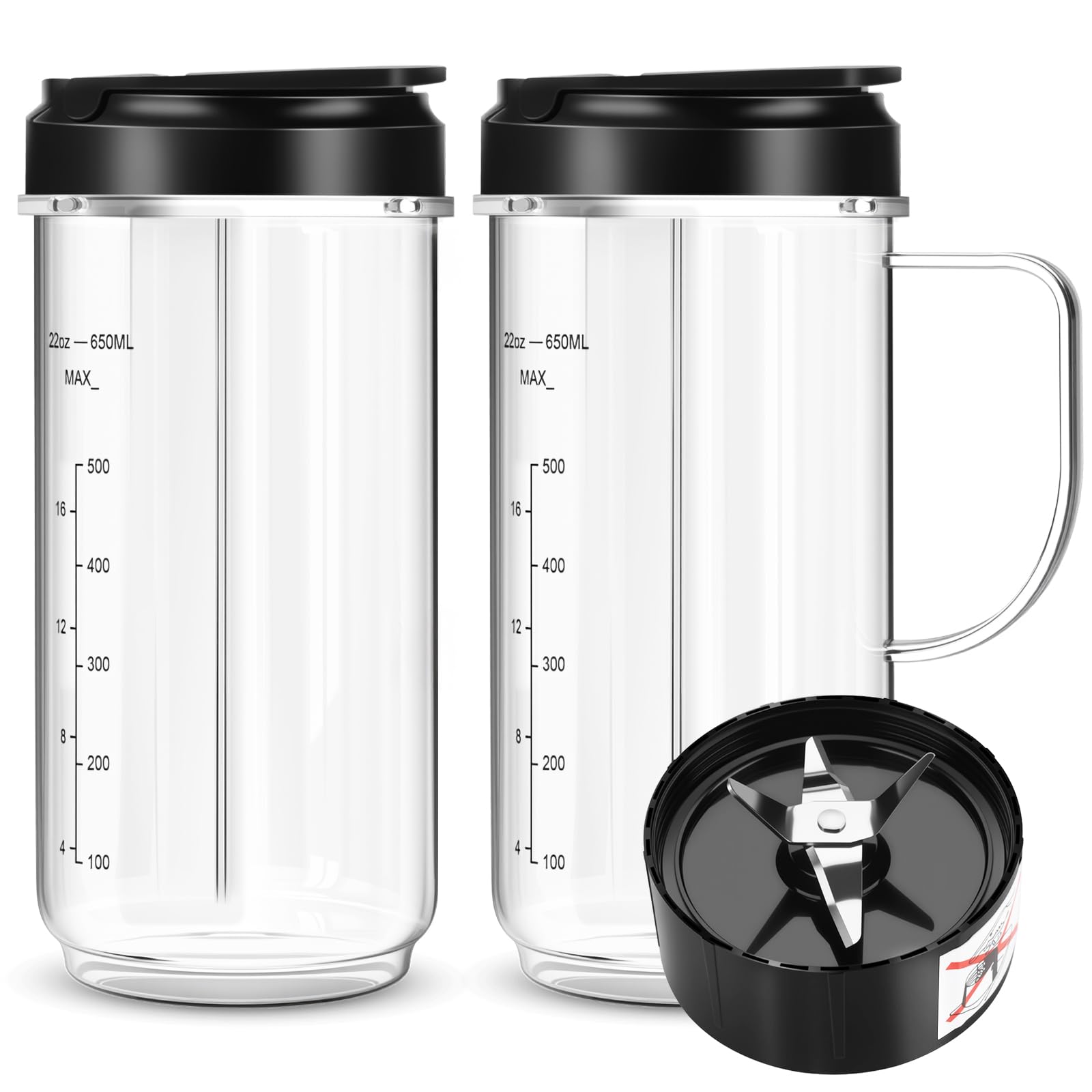 2 Pack Magic Bullet Blender Cups, Tall 22oz Cup with Flip Top To-Go Lid & 4 Fins Cross Blade Blender Replacement Parts, Replacement Cup Mug with Handle Compatible with Magic Bullet 250w MB1001