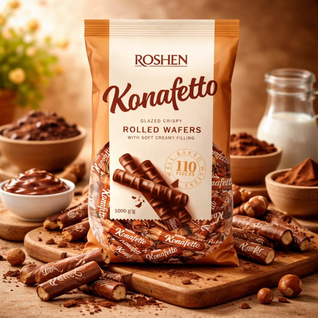 ROSHEN Konafetto (COCOA) Glazed Chocolate Candy Rolled – 1kg Family Value Pack By COUGAR – Eid Special, Crispy Rolled Wafers with Soft Creamy Filling, Chocolate Coated Crunchy Wafer Rolls, Imported European Snack for Sharing, Gifting, Parties, Office Treats & Dessert Platters – (IMPORTED - UKRAINE) 2