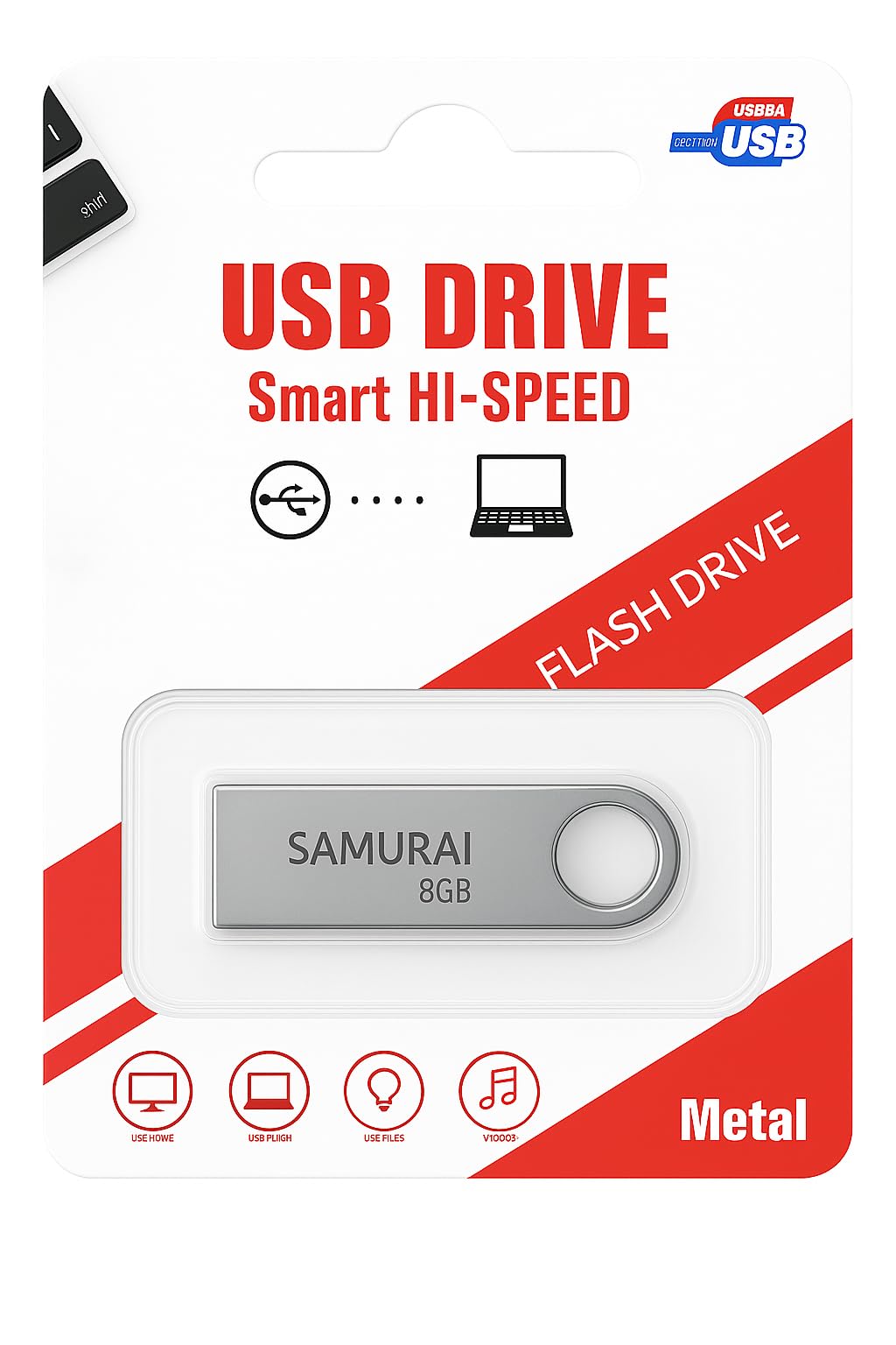 Samurai 8GB Metal USB Flash Drive, Portable Keyring Design, Silver Aluminium