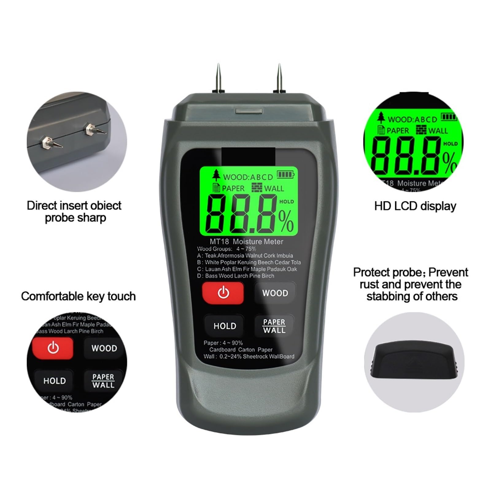 Medidor de humedad, MT-18 Grey 0-99.9% Medidor de humedad madera digital dos pines Probador papel Higrómetro pared Detector(Orange with battery)