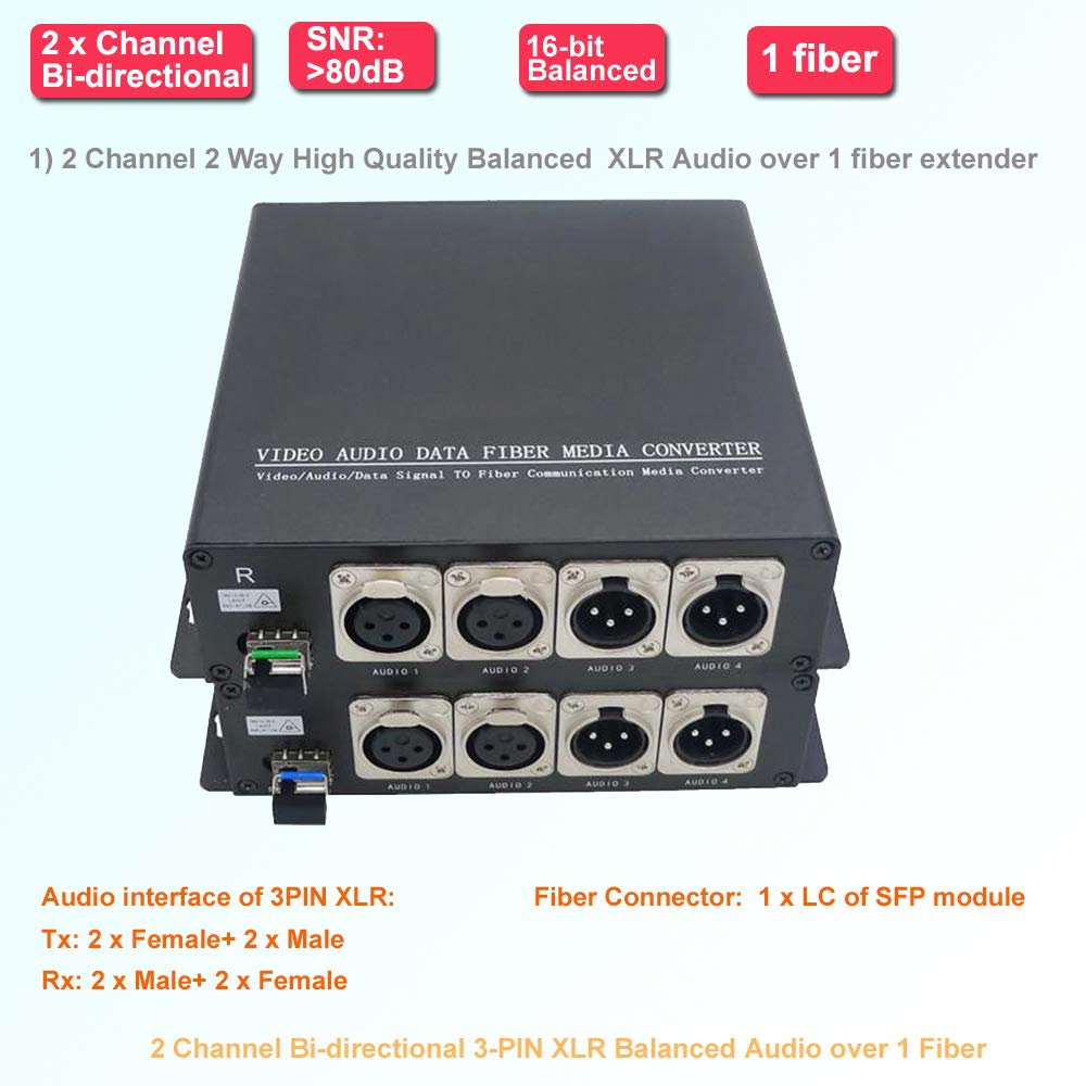 2 Ch Bi-Directional(2 Way) Balanced XLR Audio Over Fiber Extender to 20 Km 1 core SMF or 500 Meters MMF, XLR Audio to Fiber Converter, Supports 16-bit Digitally Encoded Audio