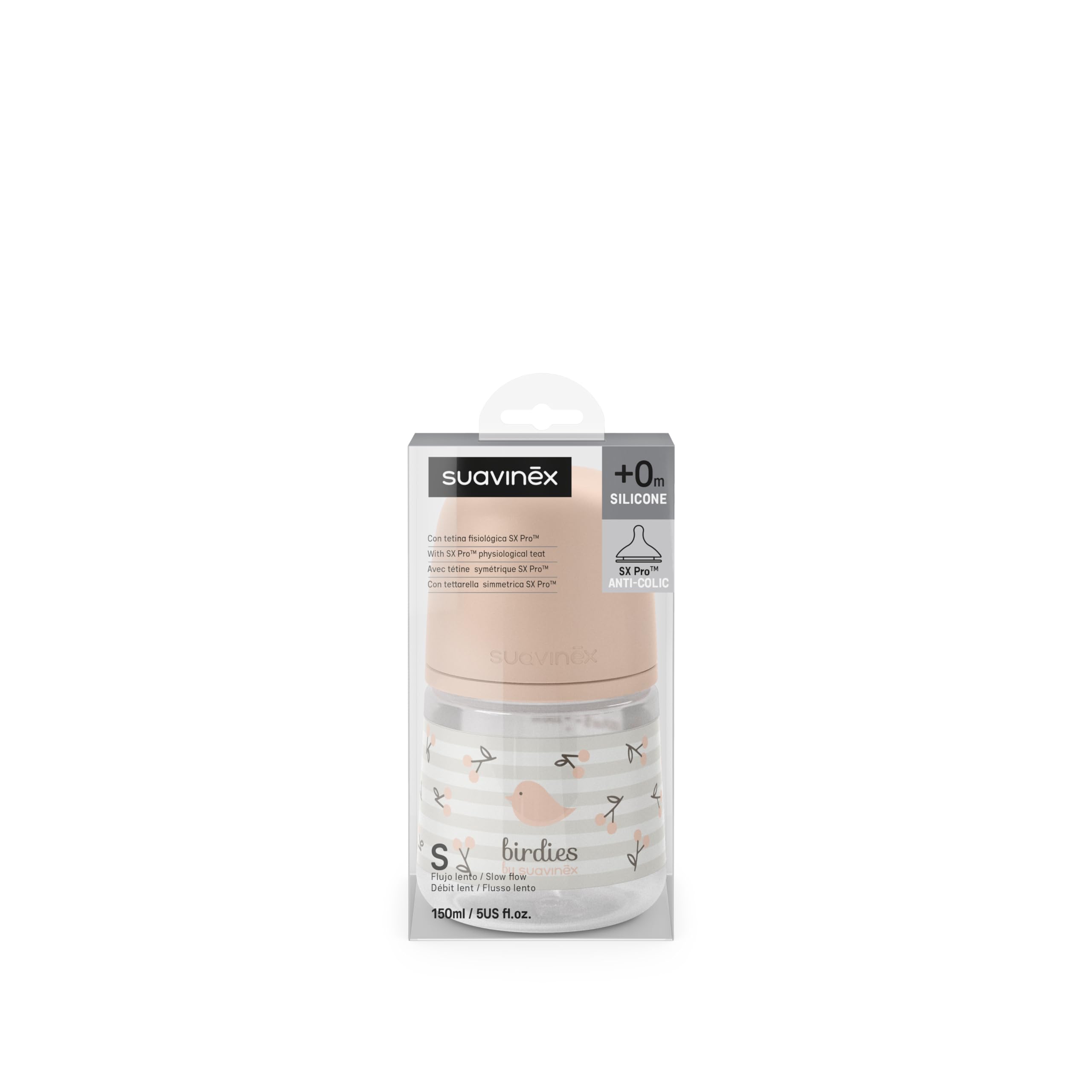 Suavinex, Biberon Anticolica da 150 ml con Tettarella Fisiologica SX Pro in Silicone, a Flusso Lento (S) per Latte Materno e Artificiale o Acqua, Neonati +0 Mesi e Neonati, Birdies Rosa
