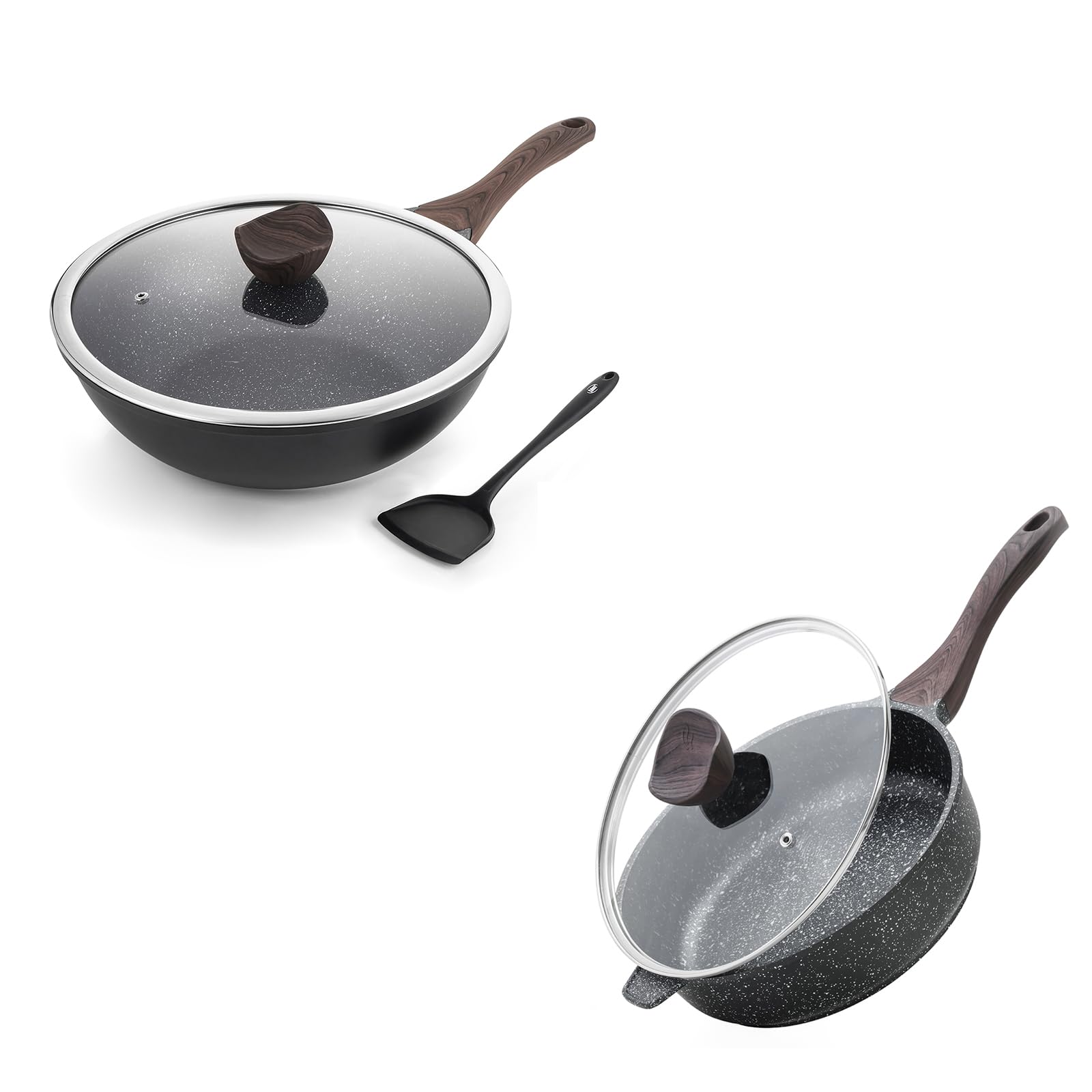 Nonstick Deep Frying Pan with Lid, 10/11/12 Inch Skillet, Granite Stone Saute Pan for Cooking, Chefs Pan, Induction Cookware, Compatible with All Stovetops, PFOA Free (10inch)