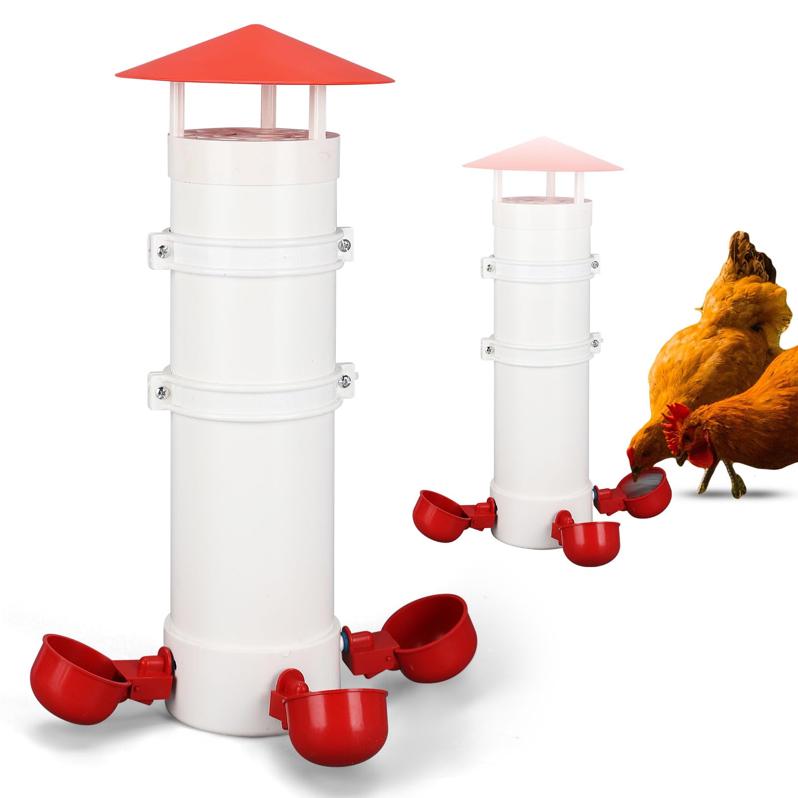 DEALSCHIC Automatic Chicken Waterer, 2 Gallon, Twin, 3 Gravity-Feed Drinking Cups, Indoor/Outdoor Coop, Poultry Water Dispenser (3 Drinking Cups - 1 PCS, 0.9 Gallon)