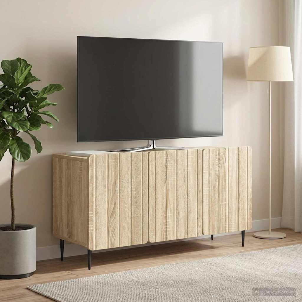 Hothingwell TV-Möbel, Holz, 99 x 34,5 x 52 cm, Sonoma-Eiche | Modernes rechteckiges Design, 90° drehbare Türen, robuste Stahlbeine, einfache Reinigung mit feuchtem Tuch