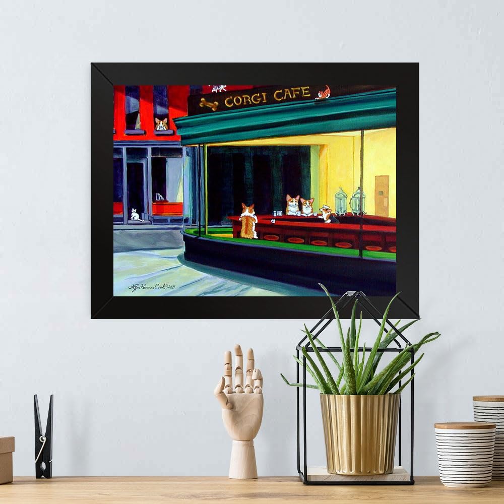 GADGETS WRAP Printed Photo Frame Matte Painting for Home Office Studio Living Room Decoration (17x11inch Black Framed) - Corgi Cafe After Hopper