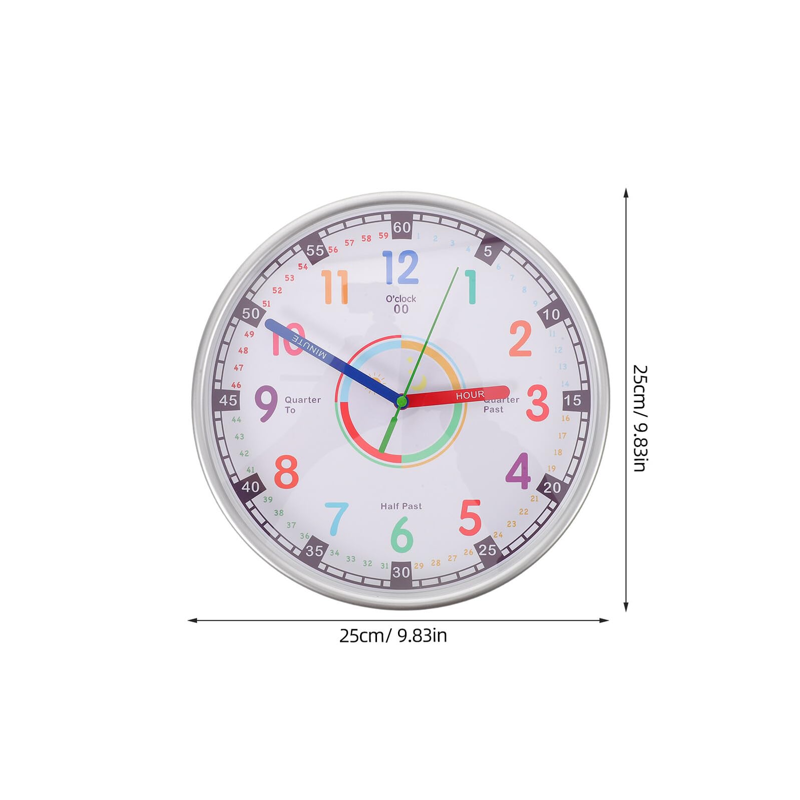 KOMBIUDA Pädagogische Kinder Analoguhr 25cm Silber mit Leisem Lauf