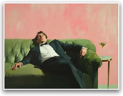 Póster artístico vintage para pared, diseño retro de hombre, arte de pared de cocina, decoración de pared de hombre sobre sofá verde con Martini