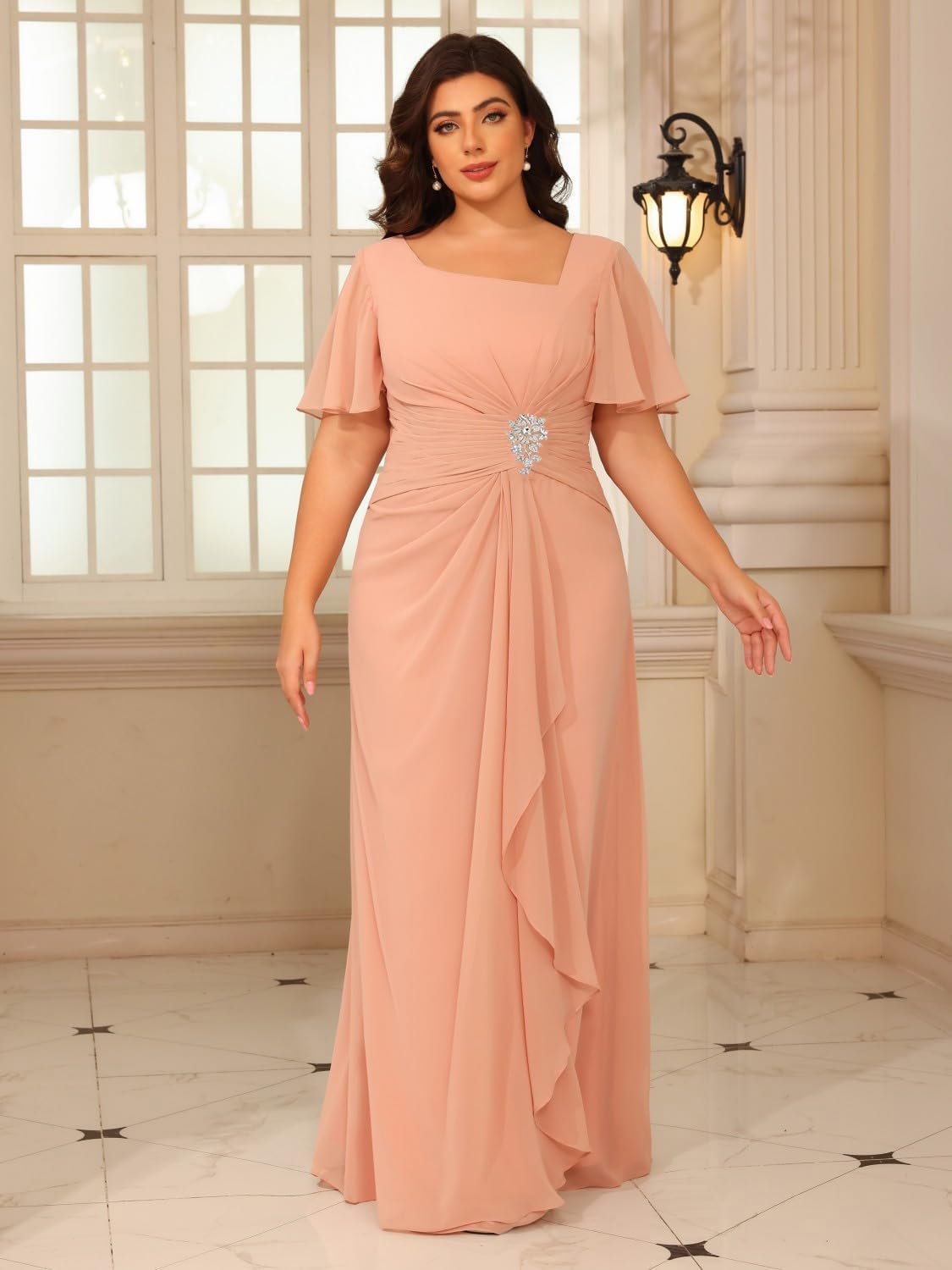 Women's Chiffon Mother of The Bride Dresses with Sleeves V Neck Wedding Guest Dress Ruffled Aline Formal Evening Gowns